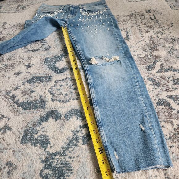 Zara Faux Pearl Embellished Skinny Jeans Size 4 Low Rise Ribbon Distressed Crop - Picture 10 of 13